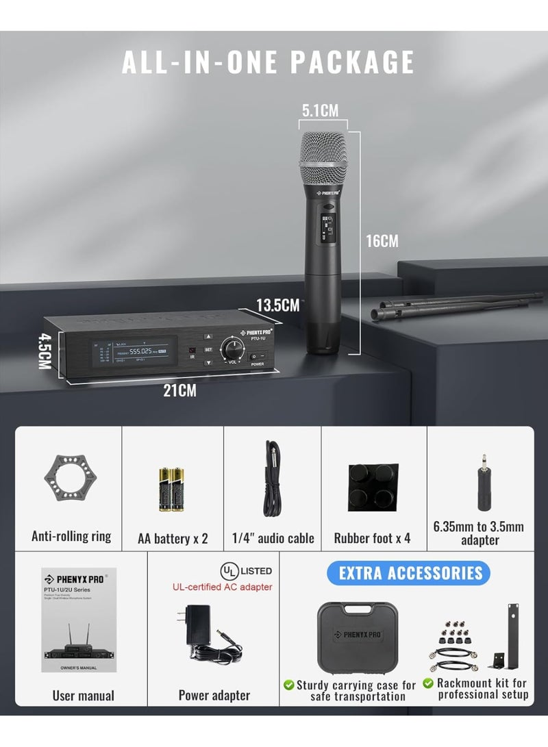 Phenyx Pro True Diversity Wireless Microphone System, Single UHF Cordless Mic, 1000 Tunable Channels, Auto Scan Professional Dynamic Mic for Singing, Stage, Studio, Recording (PTU-1U) - Image 3